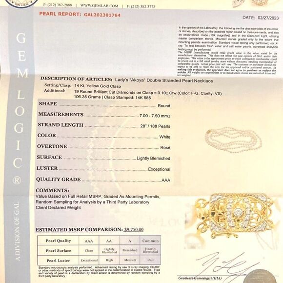 Akoya Pearl Diamond  Necklace 28" 14k Y Gold 7.5 mm Certified $9,750 301764 - Picture 9 of 9